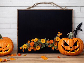 Festive Halloween Greetings: Welcome Signboard Mockup with Pumpkins and Flowers - Autumnal Holiday Decoration on Blackboard with Copy Space