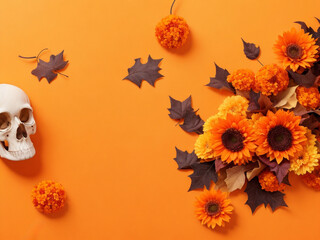 Festive Halloween Elegance: Flat Lay Mockup with Autumn Flowers, Leaves, and Skull on Orange Background - Fall Holiday Concept Composition with Top View and Copy Space