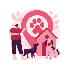 Dogs friendly place abstract concept vector illustration. Dog friendly restaurant, special area for dogs free walking, welcome sign, hotel accepting animals, shopping with pet abstract metaphor.
