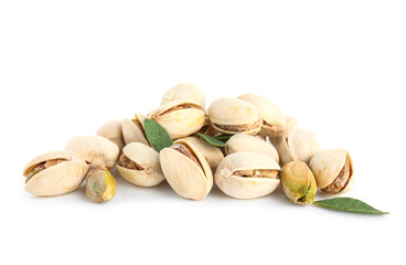 Fototapeta premium Heap of tasty pistachio nuts and leaves on white background