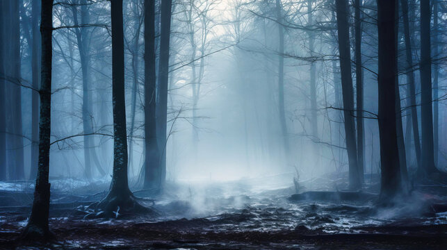 Winter fog enveloping a dense forest