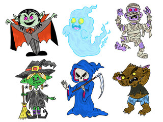 Set of halloween monsters digital illustrations skull, zombie ,witch ,werewolf ,vampire ,ghost ,mummy
