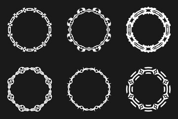 Decorative round frames for design. 6 Circle Boredrs in White Color on a Black Background. Circular Frame.