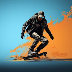 
A man is engaged in extreme sports. Illustration of a guy on a skateboard riding at speed, dangerous hobbies. Bright plain background