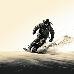 
A man is engaged in extreme sports. Illustration of a guy on a skateboard riding at speed, dangerous hobbies. Bright plain background