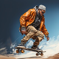 Fototapeta na wymiar A man is engaged in extreme sports. Illustration of a guy on a skateboard riding at speed, dangerous hobbies. Bright plain background