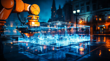Dystopian robotic arm constructing intricate virtual city through holograms, envisioning AI-driven future interactions.