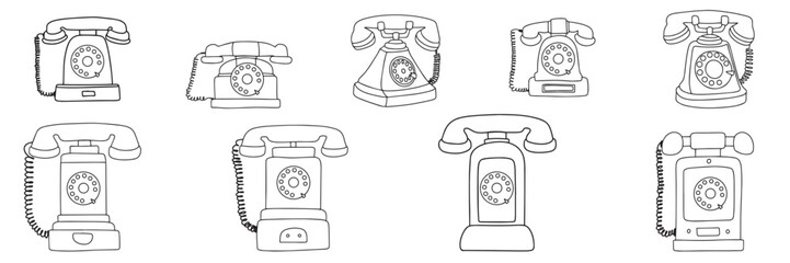 Collection of retro phone in doodle style. Hand drawn old phone isolated on white background. Outline retro phone. Large set of spruces. Old phones in doodle style. Vector illustraiton.