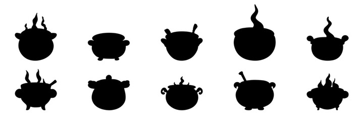 Set of cauldrons silhouette. Silhouette of cauldron icons collection isolated on white background. Vector illustration.