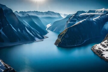 a photo-realistic aerial view of fjords, with towering cliffs rising from the deep blue waters and waterfalls cascading down into the fjords - AI Generative