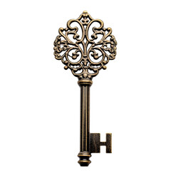 An intricate and decorative key isolated on a clean white background