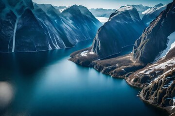 a photo-realistic aerial view of fjords, with towering cliffs rising from the deep blue waters and...
