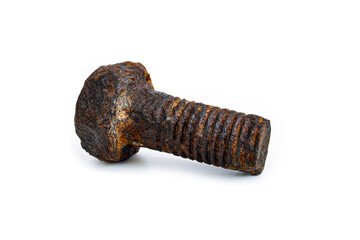 Rusty metal bolt. Mechanical component worn out by time and covered in rust isolated on white background.