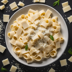 Alfredo fettuccine with parmesan cheese, isolated on black background
