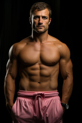 Seductive, impeccably-fit man showcasing well-defined abs and muscles, adorned with pink boxers against strong black backdrop. Evokes power and male beauty.