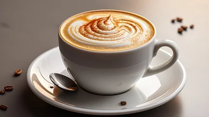 Plaid mouton avec motif Texture du bois de chauffage Cup of hot latte coffee, top view image