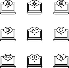 Set of signs for UI, adverts, books drawn in line style. Editable stroke. Icons of gear, sun, house, planet, progress, shield, clock, percent, eye on laptop