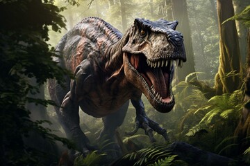 Highly detailed artwork depicting a lifelike Tyrannosaurus rex hunting in a prehistoric forest. Generative AI