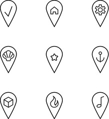 Set of signs for UI, adverts, books drawn in line style. Editable stroke. Icons of checkmark, house, gear, seashell, star, anchor, cube, fire, musical note in map pin
