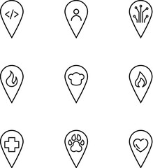 Set of signs for UI, adverts, books drawn in line style. Editable stroke. Icons of programming, user, chip, fire, chef, medical cross, paw, heart inside of map pin