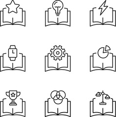 Set of signs for UI, adverts, books drawn in line style. Editable stroke. Icons of star, lamp, lightning, watch, gear, chart, win, intersected circles, scales over book