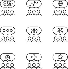 Set of signs for UI, adverts, books drawn in line style. Editable stroke. Icons of clock, progress, world, dots, arrow, plane, cube, cross, star over group of people