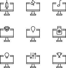 Set of signs for UI, adverts, books drawn in line style. Editable stroke. Icons of syringe, megaphone, musical note, box, medication, map pin, medication, bulb, win on computer