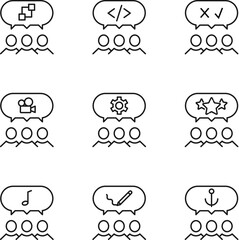 Set of signs for UI, adverts, books drawn in line style. Editable stroke. Icons of cube, coding, cross and check, camera, gear, star, music, pencil, anchor over people