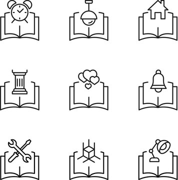 Set of signs for UI, adverts, books drawn in line style. Editable stroke. Icons of alarm clock, lamp, house, column, heart, bell, repair, cube, table lamp