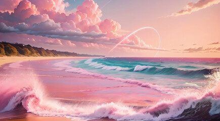 Pink moon, pink sky, soft pink clouds, sparkling, sparkling pink ocean waves, pink roses in the pink ocean, fantasy, diamond, crown, universe, soft lights. - obrazy, fototapety, plakaty