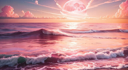 Pink moon, pink sky, soft pink clouds, sparkling, sparkling pink ocean waves, pink roses in the...