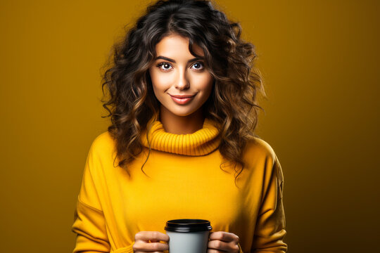 Captivating image of a brunette young woman awaiting in yellow sweater, holding coffee cup on matching yellow backdrop.
