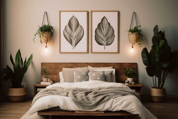 Well-lit bedroom featuring natural materials, plants, three picture frames above the bed. Generative AI