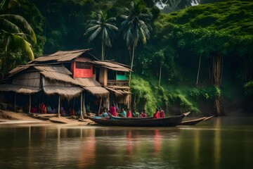Obraz premium A vibrant Bangladeshi riverbank scene, with a traditional broken house nestled in the lush greenery, with a boat in the river - AI Generative