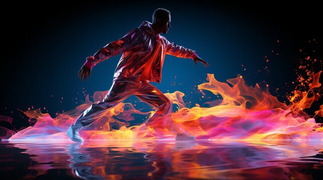 A man dances in hip-hop style surrounded by neon lines. Dance movement, sports style, Bright plain background, banner with copy space