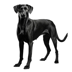 A black dog standing in front of a white background