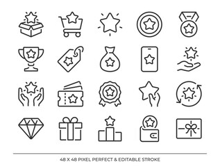 Reward,  bonus, benefit  and loyalty outline icons set. Pixel perfect and editable stroke 48x48 vector illustration.