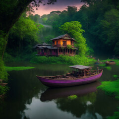 Fototapeta na wymiar A vibrant Bangladeshi riverbank scene, with a traditional broken house nestled in the lush greenery, with a boat in the river - AI Generative