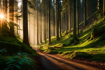 Generate a stunning, hyper-detailed image of a lush forest at sunrise, with sunlight filtering through the dense foliage and casting intricate shadows on the forest floor. The leaves should display vi