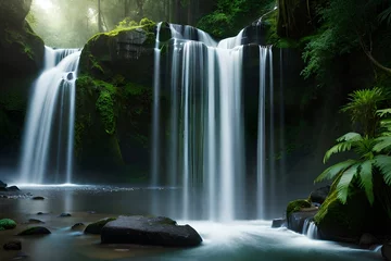 Zelfklevend Fotobehang Render a megapixel-quality view of a cascading waterfall hidden deep within a lush rainforest. The water should appear incredibly dynamic, with fine droplets creating an almost cinematic atmosphere. T © dreak