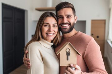 Portrait of a happy young couple holding keys to their new house
