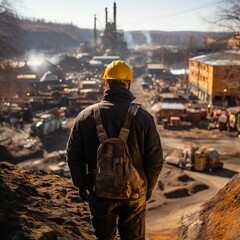 Male miner in a coal mine. Back view, industrial environment, underground mining
