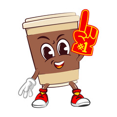 Cute happy coffee paper cup mascot raising foam finger excitedly. Isolated vector flat cartoon character illustration icon design. Coffee to go, take away concept
