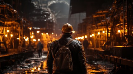 Male miner in a coal mine. Back view, industrial environment, underground mining
