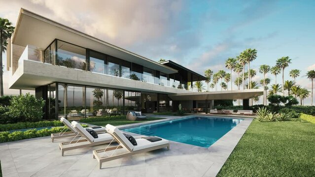 Contemporary residence with pool. 3d animation