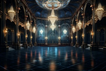 Deserted castle ballroom or palace hall at night. Generative AI - obrazy, fototapety, plakaty