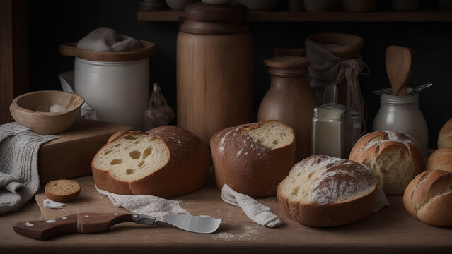 A visually stunning image of an old school kitchen with a bread piece and vase - AI Generative