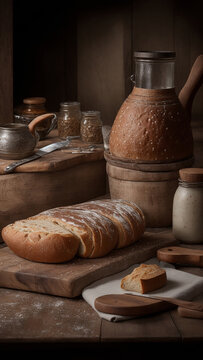 A visually stunning image of an old school kitchen with a bread piece and vase - AI Generative