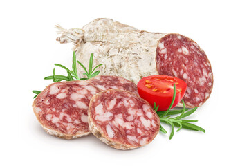 Cured salami sausage slices isolated on white background. Italian cuisine with full depth of field