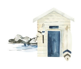 Watercolor beach house illustration, vacation clipart png, summer sea resort. Nautical design.